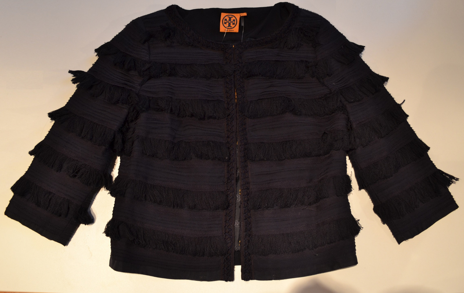 NWT $695 Tory Burch Fringe Silk Cotton Jacket In Navy Size 6