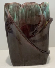 Vintage Royal Haeger Pottery Vase Rectangular Petal Brown Aqua Drip Fade 8" MCM