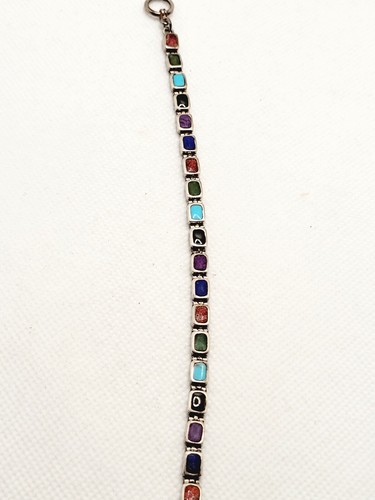 Vintage Southwestern Multi Stone Link Bracelet 925 Sterling Silver 7.5" 5 mm - Picture 6 of 10