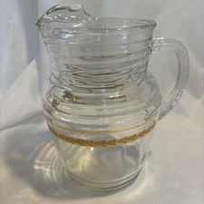 VTG 1950's Clear Glass 9" Ribbed Pitcher w/ Gold Floral Band