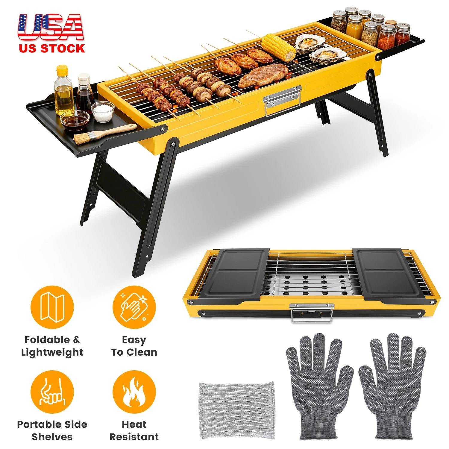Camping Charcoal Grill Picnic BBQ Grill with Side Panels Tabletop Barbecue Grill