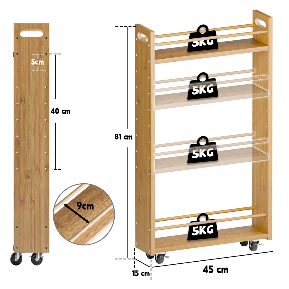 Schmales Bambus-Rollregal mit 4 Ablagen für Küche,Bad,Büro - Bild 2 von 4
