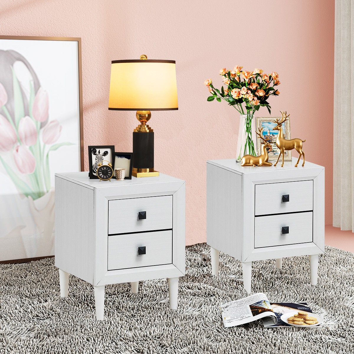 Nightstand Simple Look End Bedside Coffee Table Storage Drawers Wooden Leg White