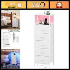 Comodino Bianco con Stazione di Ricarica e Luce LED, Comò a 5 Cassetti per Bambini, B