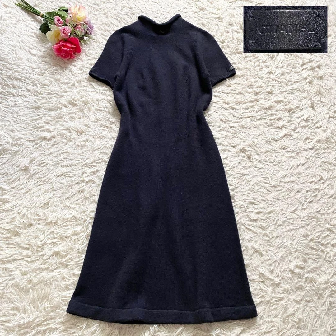 Chanel — Chanel Knit High Neck Dress Cashmere Size:38 Navy good condition SK1692