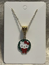 Hello Kitty Christmas Charm Cartoon Adorable Pendant Boho Fun Gold Necklace 18”