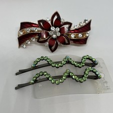 3 Clear Green Rhinestone Enamel Flower Barrette Hair Clip pin Hair Accessories