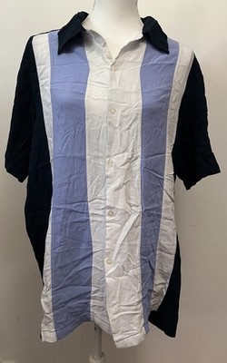 Men s Vintage Two Toned Striped Button Up Blue White Navy Blue Size Large