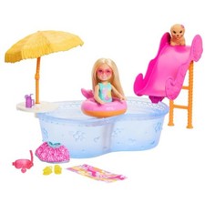 Barbie Chelsea Summer Vacation Doll and Pool Playset with Puppy, Water Slide,...