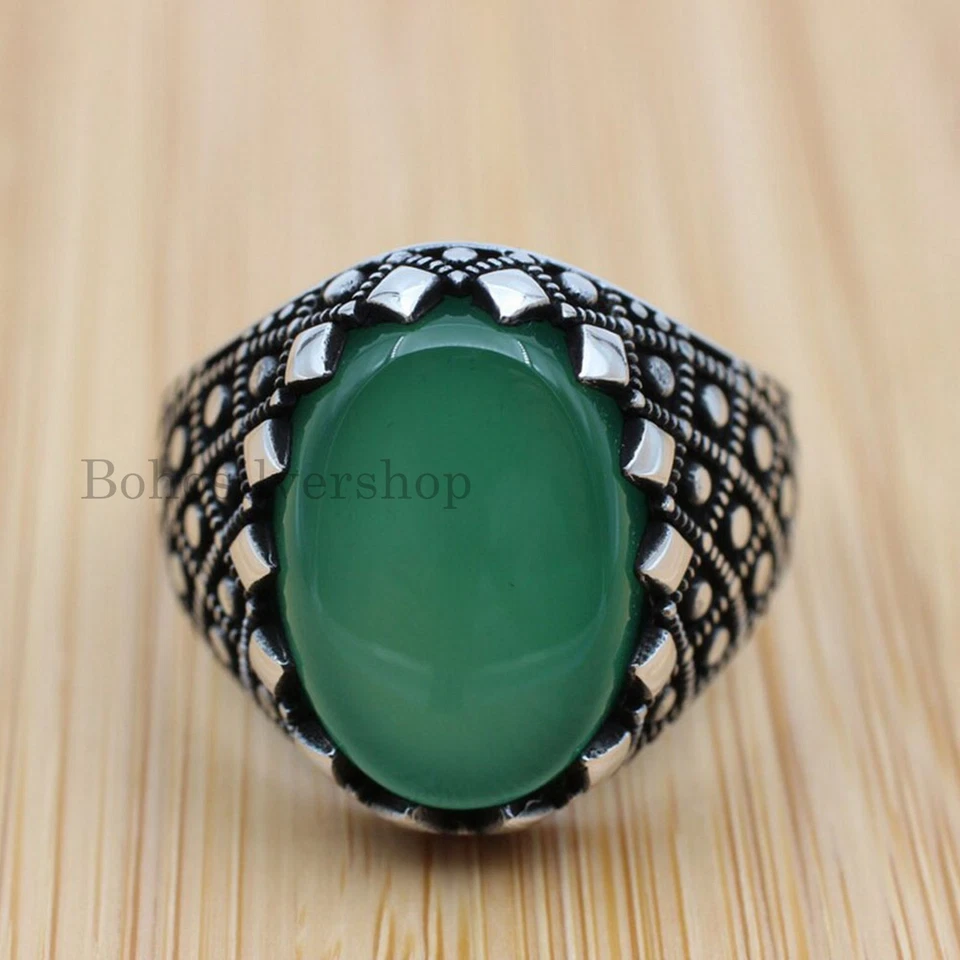 Mens Green Onyx Rings 925 Sterling Silver Handmade Turkish Ottoman Jewelry #415 - Image 2 of 4