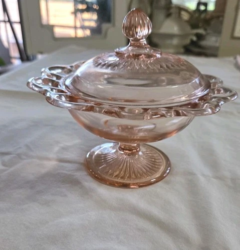 Vtg Anchor Hocking Glass Old Colony Lace Edge Pink Footed Compote Dish w/Lid