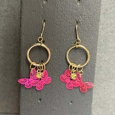 Pink butterfly silver hoop dangle Earrings