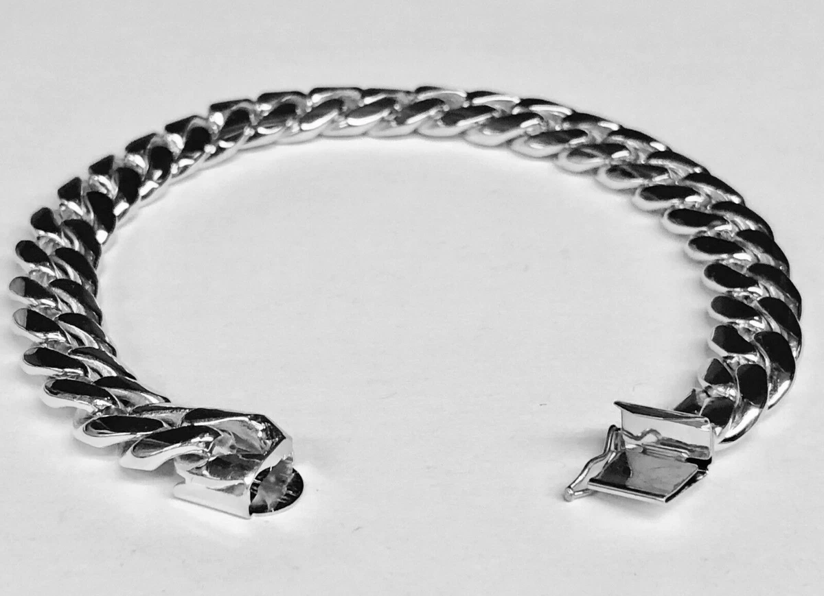 18k Solid White Gold Handmade Curb Link Mens Bracelet 8.5