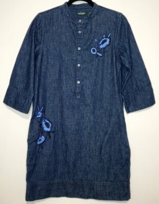 Ralph Lauren Flower Embroidered Denim Shift Dress Pockets 3/4 Sleeve Blue Sz 6 | eBay Ralph Lauren Flower Embroidered Denim Shift Dress Pockets 3/4 Sleeve Blue Sz 6 | eBay