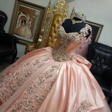 Pink Satin Off Shoulder Quinceanera Dresses Appliqued Beaded Ball Gown Sweet 16