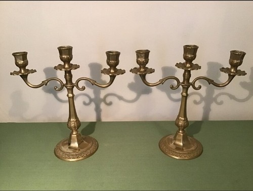 French vintage pair of solid brass triple candlestick holders - 第 5/10 張圖片