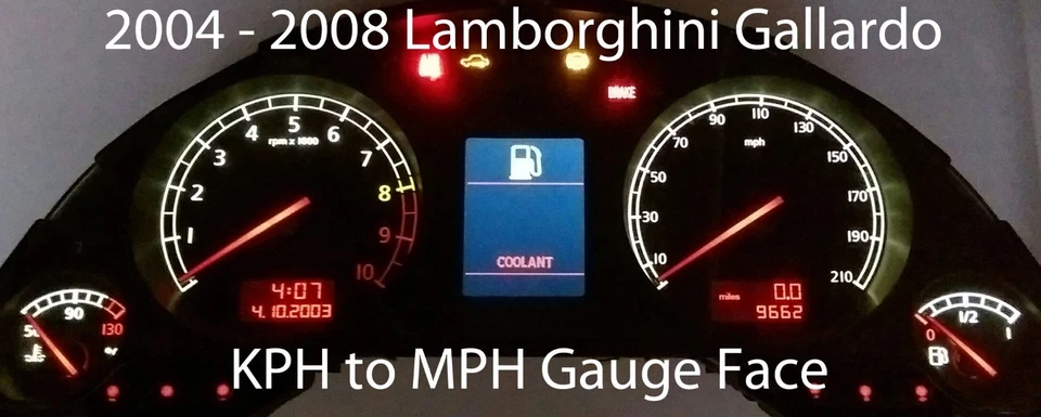 2004 - 2008 兰博基尼 Gallardo KPH 到 MPH 速度表覆盖量规脸黑色 — 第 2/2 张图片