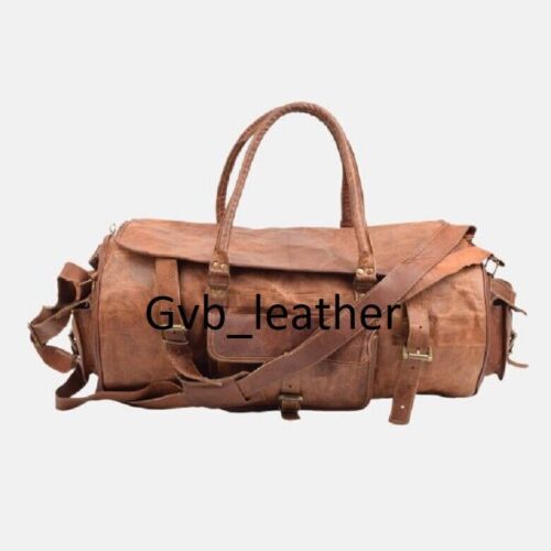 30" Men's Leather Travel Duffel Luggage Vintage Weekend Overnight Round Flap Bag - Picture 1 of 4