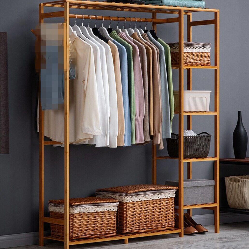 Wooden Clothes Garment Hanging Stand Shoe Rack Display Storage Shelf W/  Curtain 7427059757274 | Ebay