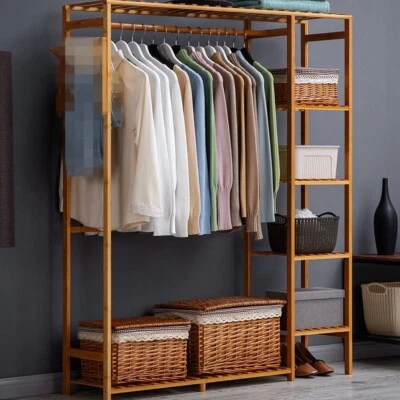 UNHO Wooden Clothes Garment Hanging Stand Shoe Rack Display Storage Shelf w/ Curtain