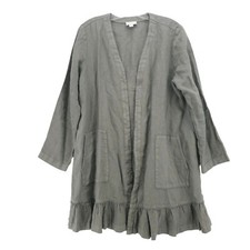 J. JILL Garment Dyed 100 Linen Lagenlook Duster Ruffled Hem Open MEDIUM PETITE