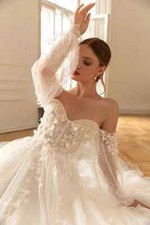 Elegant Off Shoulder A-Line Wedding Dress Lace Long Puff Sleeve Sweetheart Bride