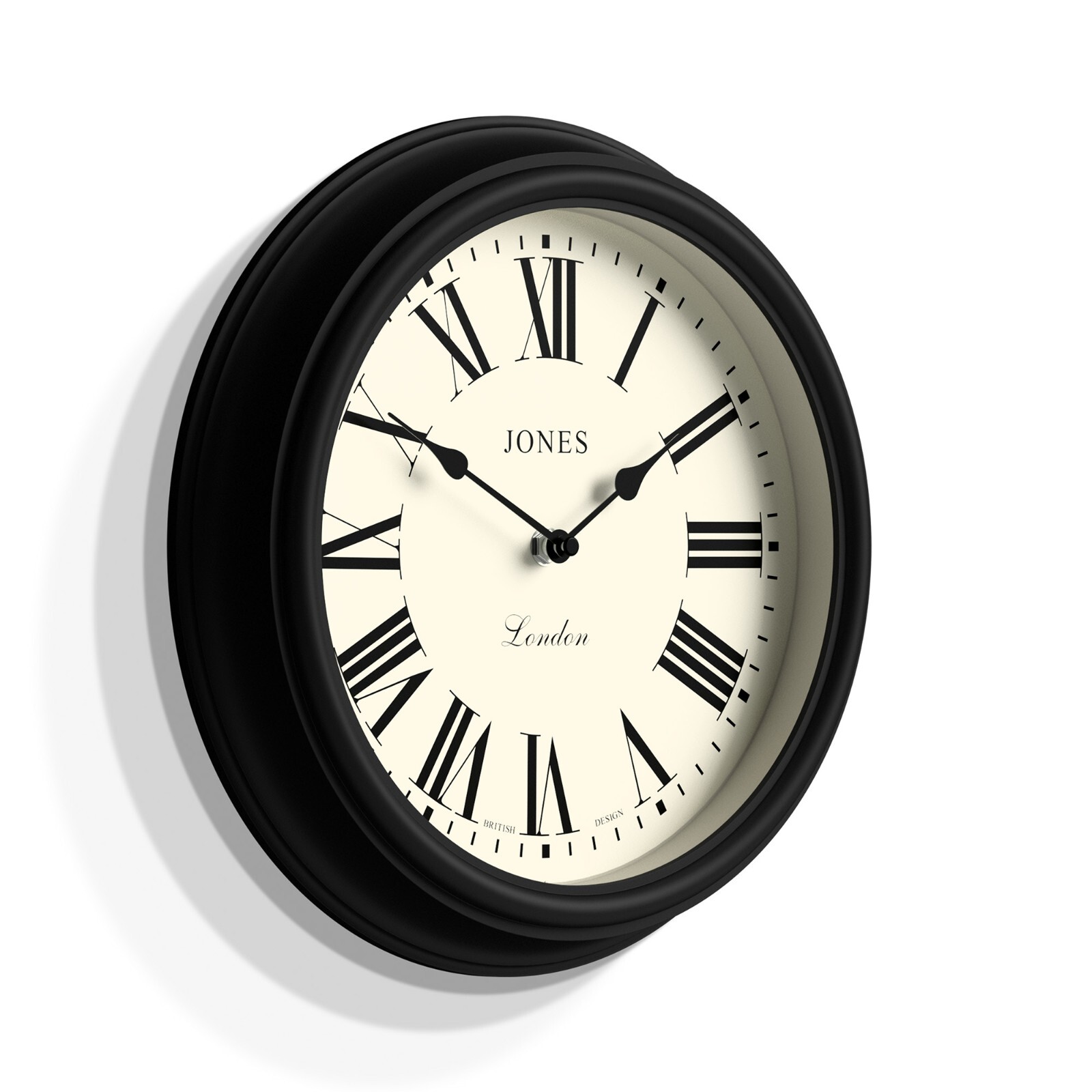 Jones Wall Clock Round Classic Black Roman Dial Office