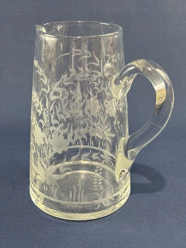 Antique Edwardian hand blown engraved clear glass milk pitcher c.1902+