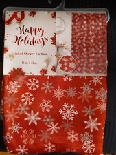 Happy Holidays  Snowflake Printed Shower Curtain  70" x 72"  Red/White NEW