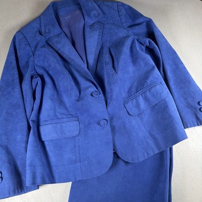 VTG Royal Blue Velvet Skirt Suit Kasper Style Embroidered Blazer Pencil Skirt