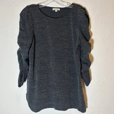 Max Studio Women’s S Charcoal Rib Knit Top Ruched Sleeve Tunic Pullover