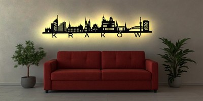 LED Wandbild Holz Skyline Krakow Krakau Polen Poland  Aufkleber Poster Wanddeko