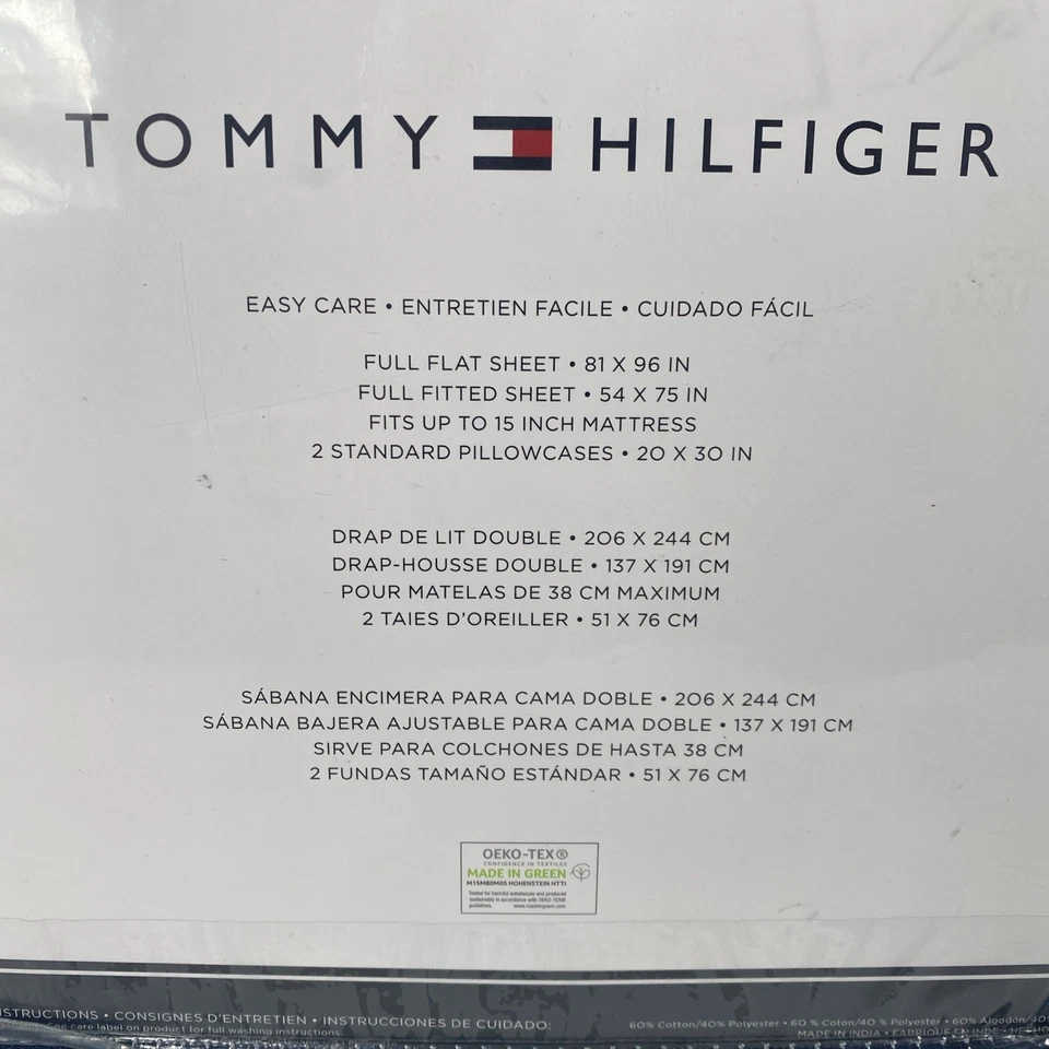Novo Conjunto Completo de Lençóis Tommy Hilfiger Azul e Cinza Geométrico Fácil Cuidado Mistura de Algodão - Imagem 2 de 4