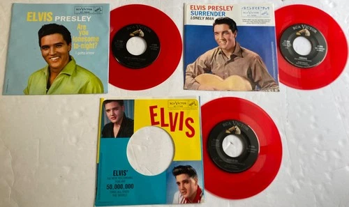 ELVIS PRESLEY Lot of 3 RED VINYL MINT USA 45's &  Picture sleeves