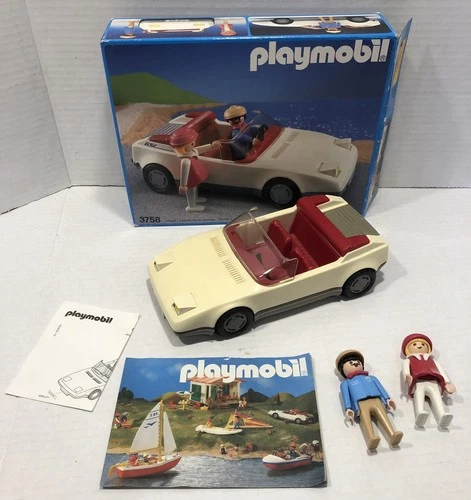 Vintage Playmobil #3758 White Red Sports Car w PopOut Headlights Complete In Box