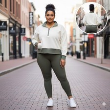 Fabletics Catarina Mock Neck Half Zip Pullover Cream Olive Green Plus Size XXL