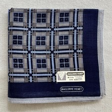 Vintage Mens Handkerchief Cotton Blue Geometric Check Print Pocket Square 17" E