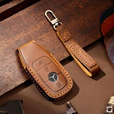 Premium Schutzh&uuml;lle f&uuml;r Mercedes-Benz Schl&uuml;ssel inkl. Karabiner + Lederband hell