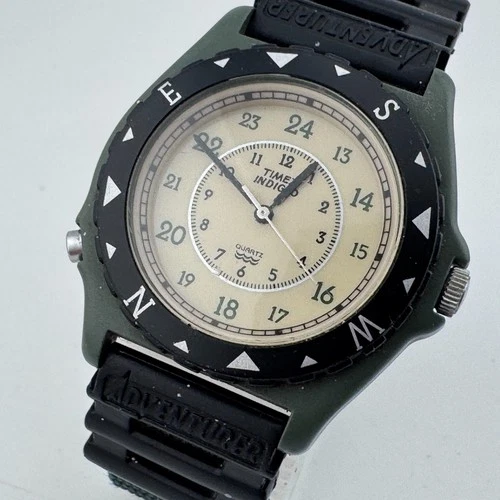 VTG Timex Quartz Watch Men Black Green Rotating Bezel Military Dial New Battery