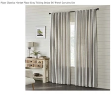 Piper Classics Market Place Blue Ticking Stripe 96" Curtain Panels Set 2/ NWOB