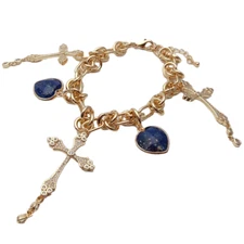 Gold Color Plated Chain Bracelet Blue Lapis Heart Shaped Crucifix Cz Pave