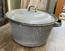 Antique Enamelware Granite Ware Dutch Oven  stock Pot w/ Lid