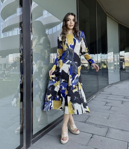 ZARA NEU MIT ETIKETT DAMEN RUNDHALS BEDRUCKT MIDI-KLEID MEHRFARBIG | 9107/390 ALLE GRÖSSEN