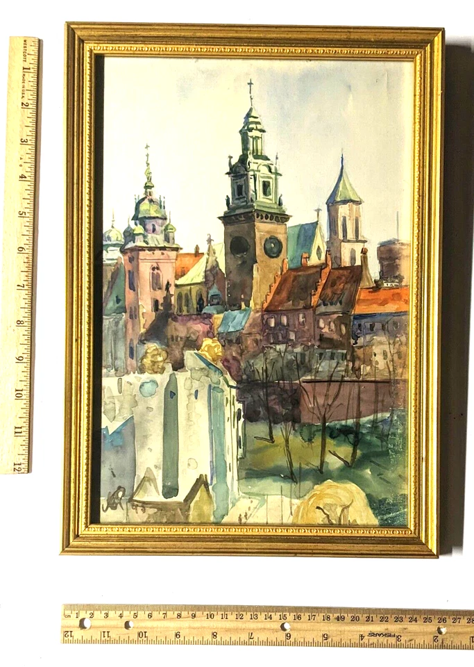 Acuarela Arte Original Pintado a Mano Antiguo Ayuntamiento Firmado JR Marco 14"H x 10"W Foto 3 de 4