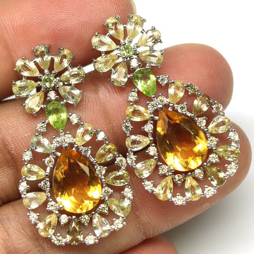 Gema Citrino Amarillo, Peridoto & Circonita Pendientes 925 Plata Oro Blanco - Imagen 2 de 4