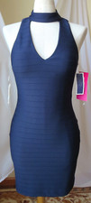 DEAR MOON PROM DRESS HALTER V-NECK SLEEVELESS LINED NAVY BLUE SZ 7 NEW JUNIOR'S