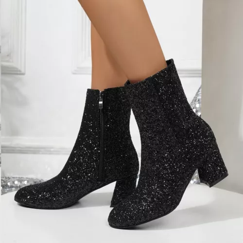 Womens Sequin Round Toe Glitter Ankle Riding Boots Low Block Heels Zip Shoes* - Picture 8 of 19