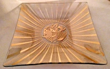 GEORGES BRIARD DISH TEXTURED GLASS SQUARE BOWL GOLD BIRD FISH WINE MCM GEOMETRIC
