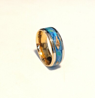 Handmade Stainless Steel Ring w/ Blue Agate, Petrified Wood & Blue