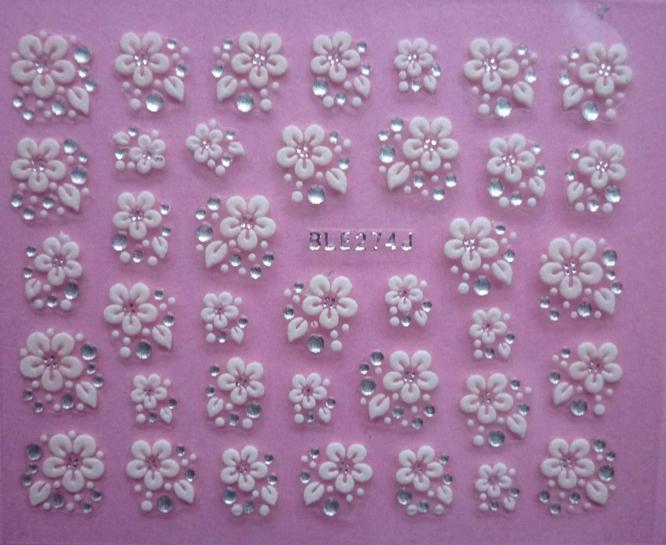 3D Nail Art Lace Stickers Decals Transfers WHITE SILVER Flowers Rhinestone (274)